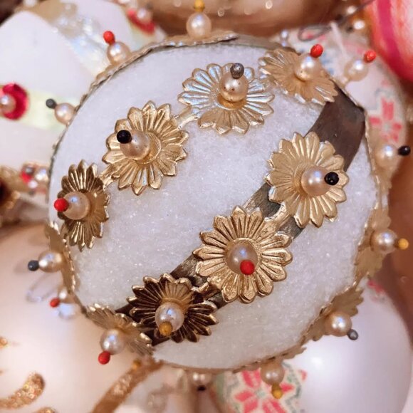 Vintage Handmade Beaded Diamond Crusted Sequins Christmas Ball Ornament Set of 9 - Picture 7 of 8